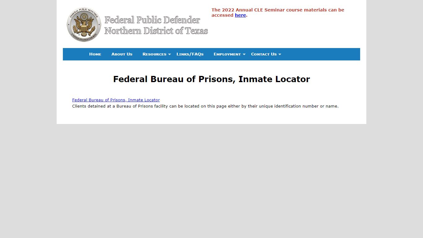 Federal Bureau of Prisons, Inmate Locator - Northern District of Texas